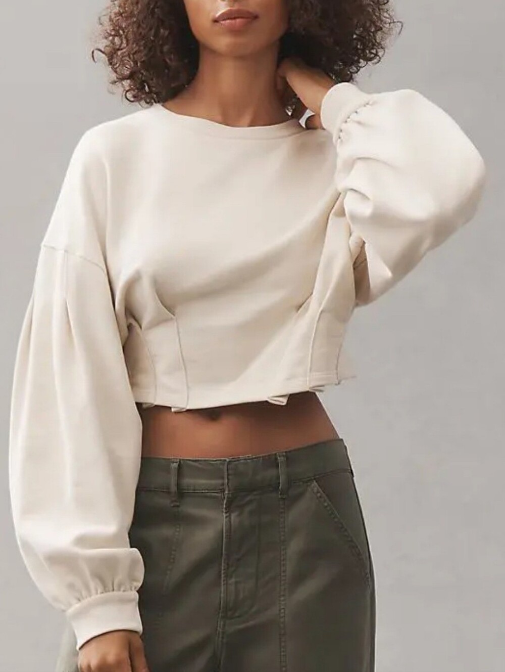 Anthropologie Cream Balloon-Sleeve Waisted Cropped Sweatshirt Size XL NWT